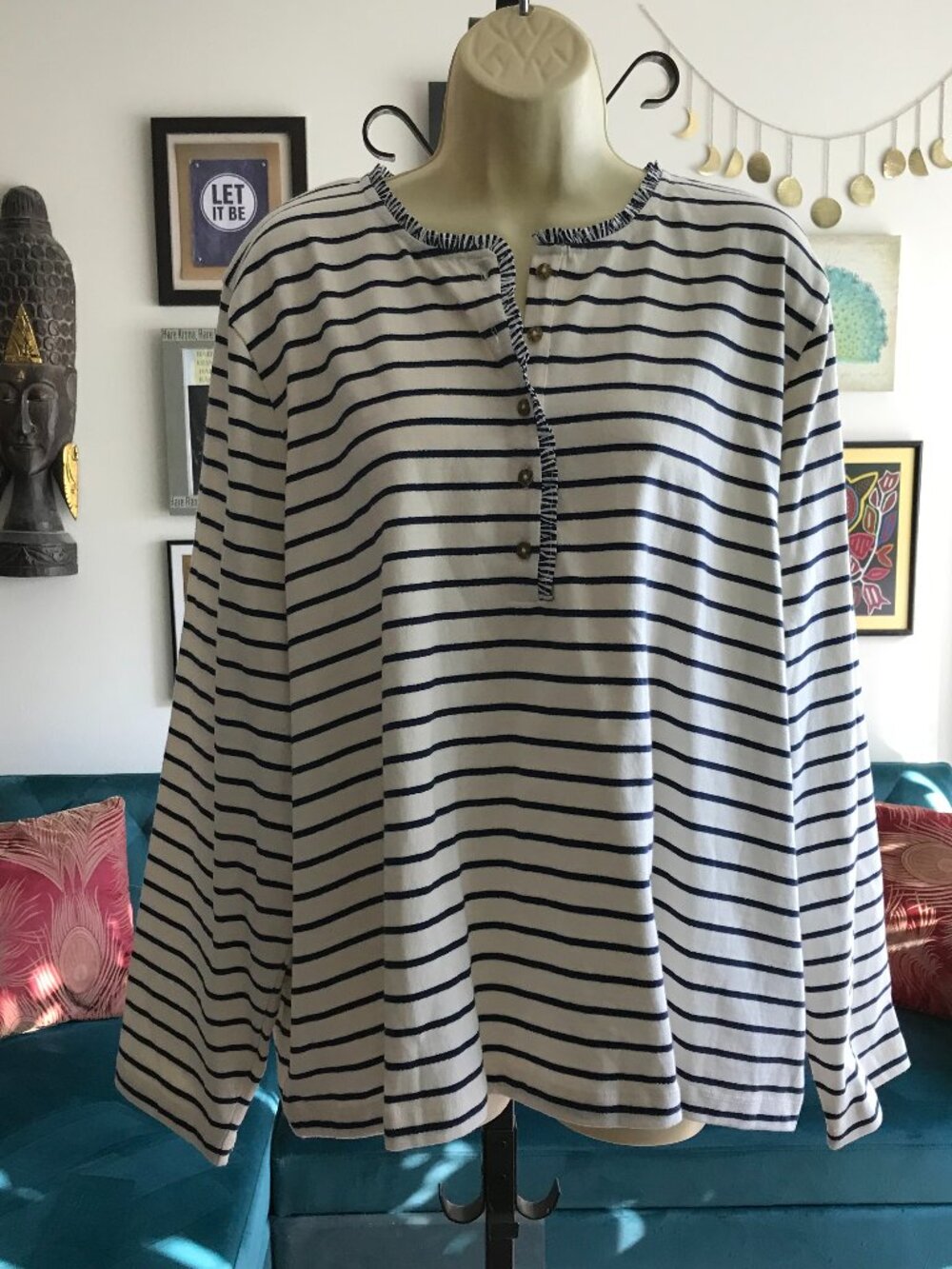 J CREW size 3X Ivory & Navy Striped Ruffle Collar Henley Top Shirt NWT
